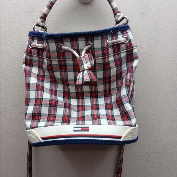 Vintage Tommy Hilfiger Plaid Drawstring Bucket Bag Shoulder Y2K Purse Red White - Picture 9 of 10